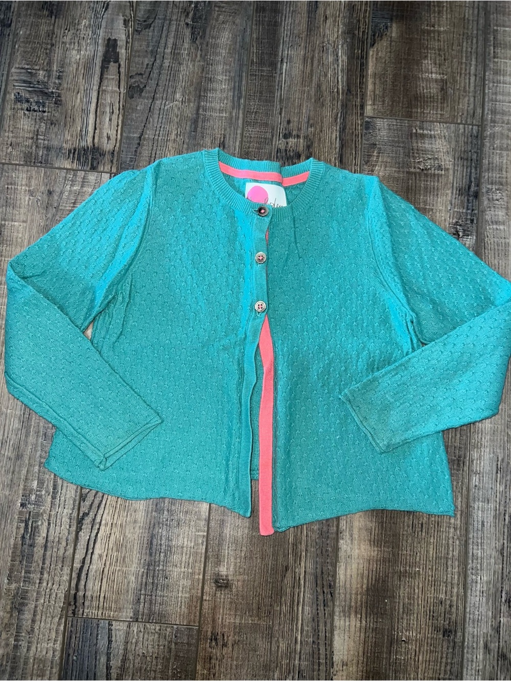Mini Boden Teal Knit Cardigan with Pink Trim